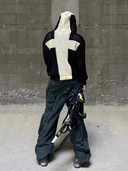 YoungCash Mens Clothing Cross Hollow Wool Knit Hooded Shoulder High Street Loose Sweater Hoodie Zipper Jacket Autumn/Spring ropa hombre