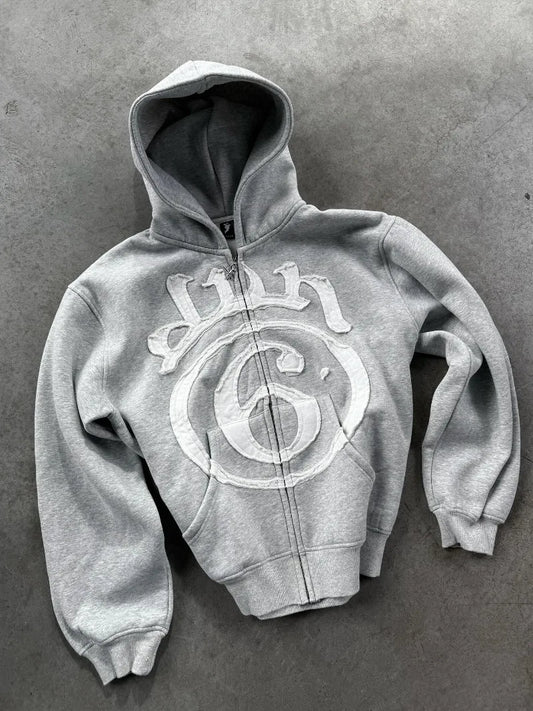 YoungCash High Street Harajuku Letter Embroidered Zipper Hoodie Men Trendy Streetwear Jacket Retro Casual Oversized Sweatshirt Women