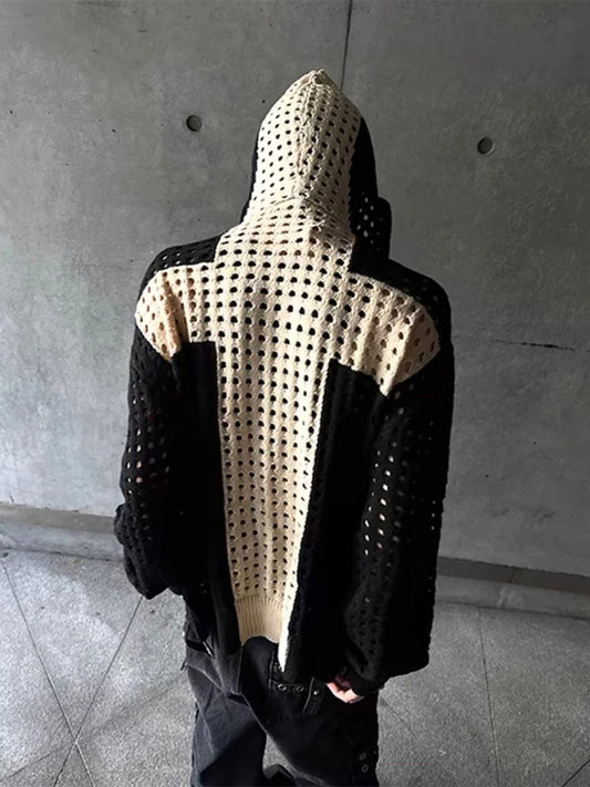 YoungCash Mens Clothing Cross Hollow Wool Knit Hooded Shoulder High Street Loose Sweater Hoodie Zipper Jacket Autumn/Spring ropa hombre