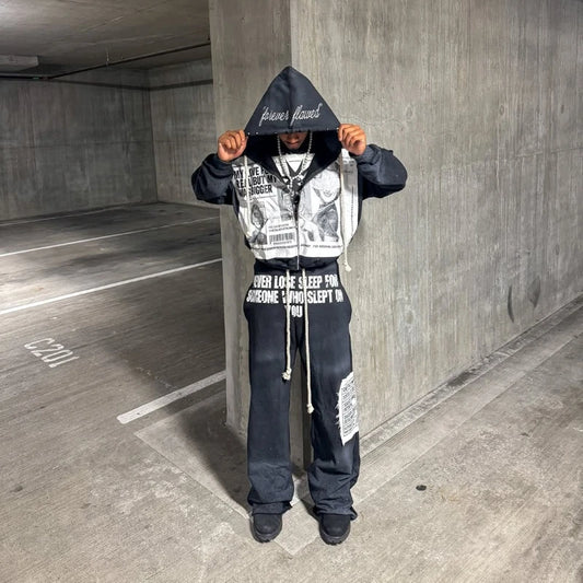 YoungCash New retro patchwork men zipper hoodie high street fashion sports pants Y2K Harajuku Goth two-piece sportswear for men and women