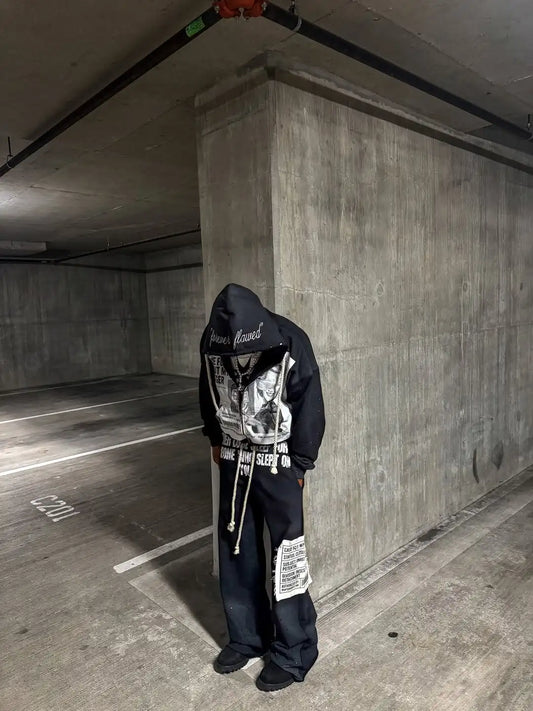 YoungCash New retro patchwork men zipper hoodie high street fashion sports pants Y2K Harajuku Goth two-piece sportswear for men and women