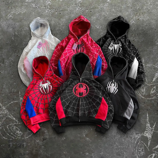 YoungCash Y2k Retro Gothic America Spider Foaming 3d Print Hoodies Fashion Oversized Loose Full Zipper Hoodie Men Jacket Street Sweatshirt
